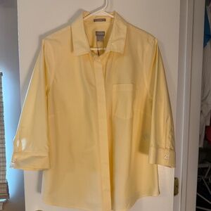 NWT Chico’s Sz 2 (Lg 12/14) No Iron Button Up Shirt 3/4 Sleeve Yellow and White